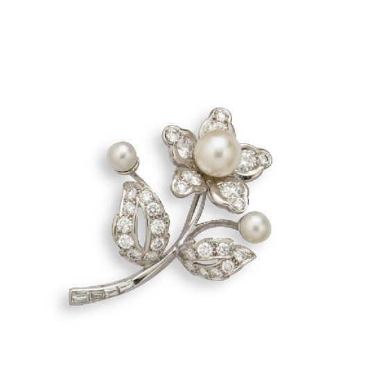 Pearl & Diamond Flower Brooch
