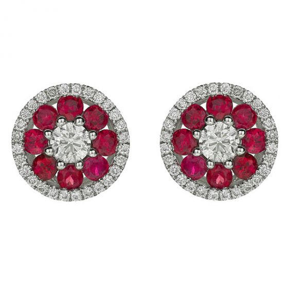 Ruby & Diamond Cluster Earrings - 00021110 | Heming Diamond Jewellers | London